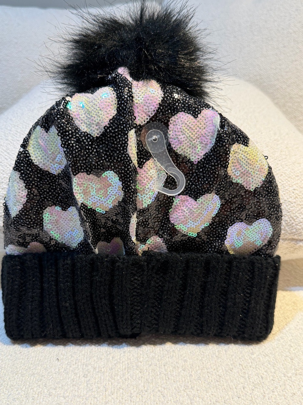 Justice Black Sequin Heart Pom Hat
